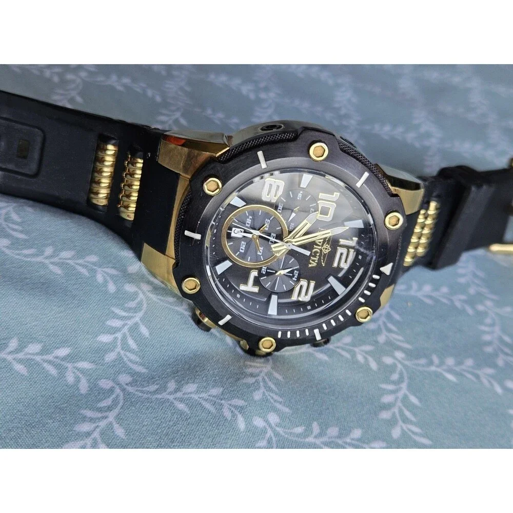 Invicta Men's Chronograph Quartz Wristwatch Black Gold Rubber Band 100m